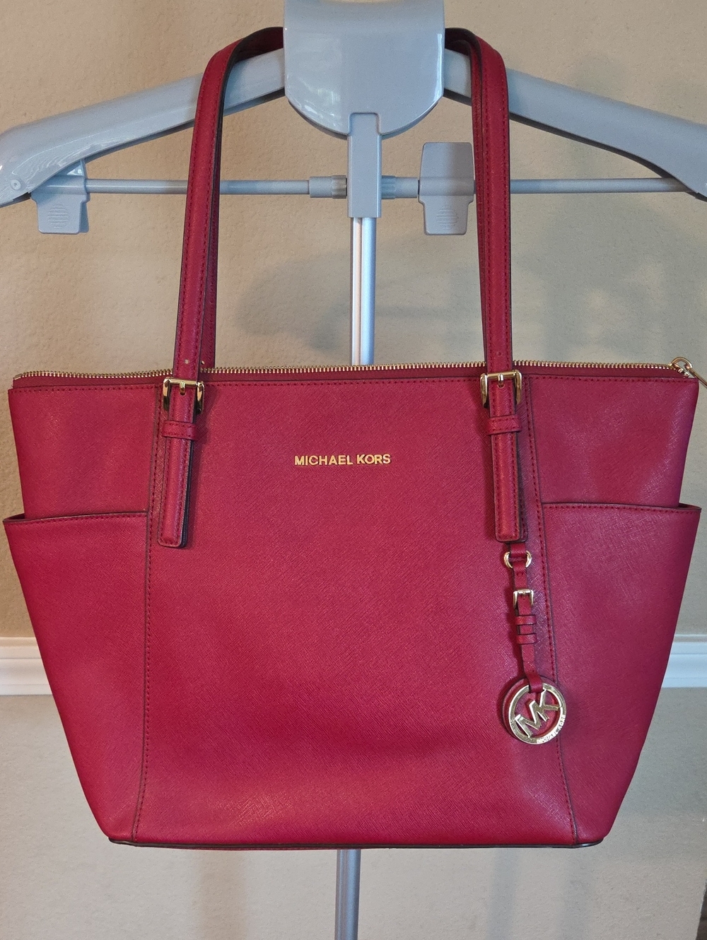 Michael Kors Pink-Red Saffiano Leather Tote with Gold Hardware